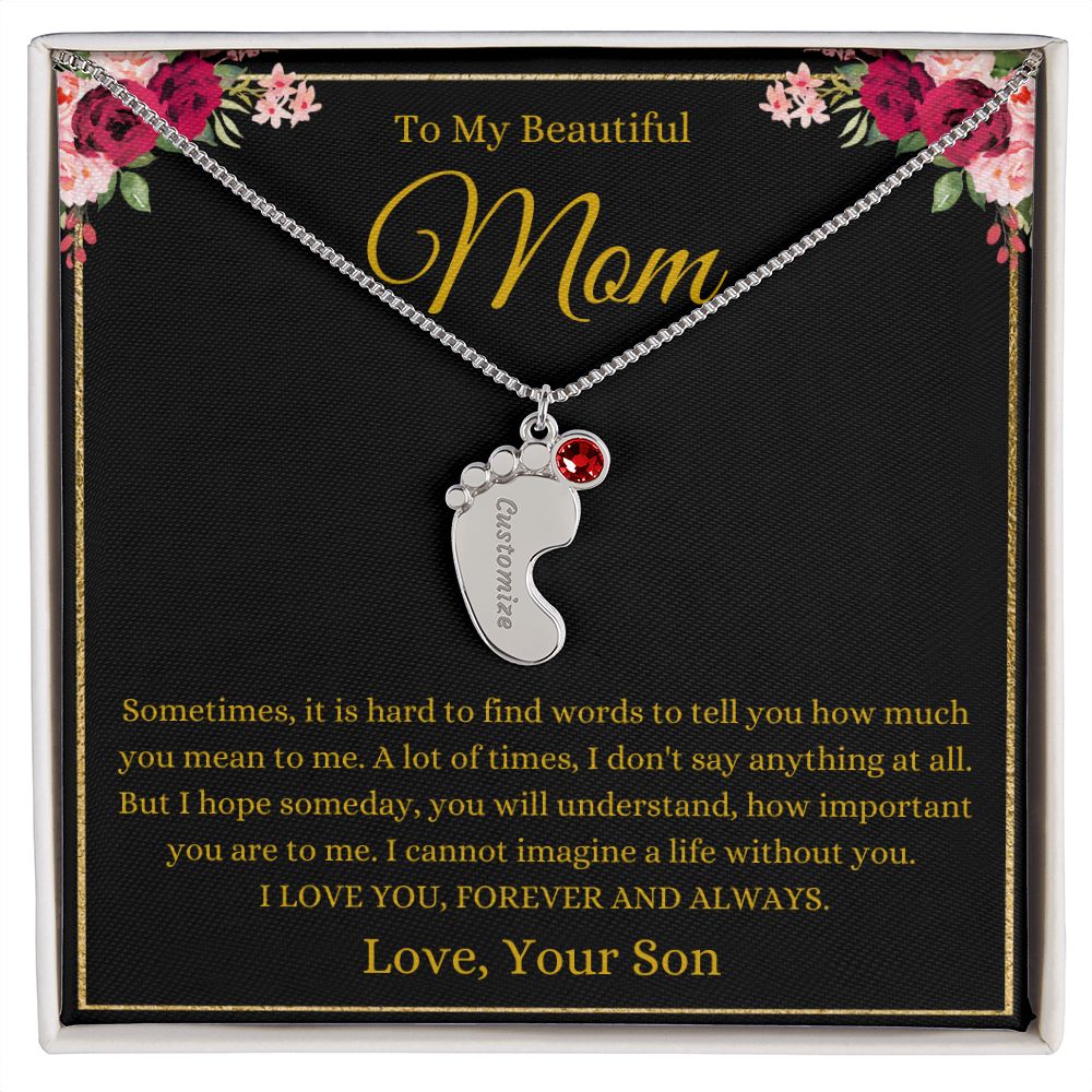 To My Beautiful Mom | Love Son | Custom Baby Feet | Necklace with Birthstone