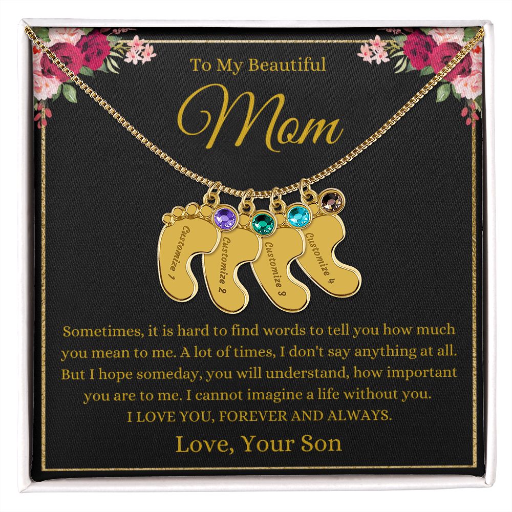 To My Beautiful Mom | Love Son | Custom Baby Feet | Necklace with Birthstone