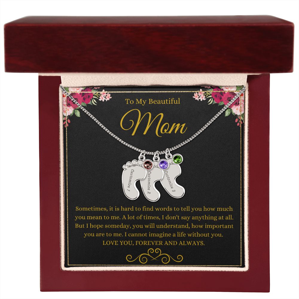 To My Beautiful Mom | Love You Forever & Always | Custom Baby Feet Necklace with Birthstone
