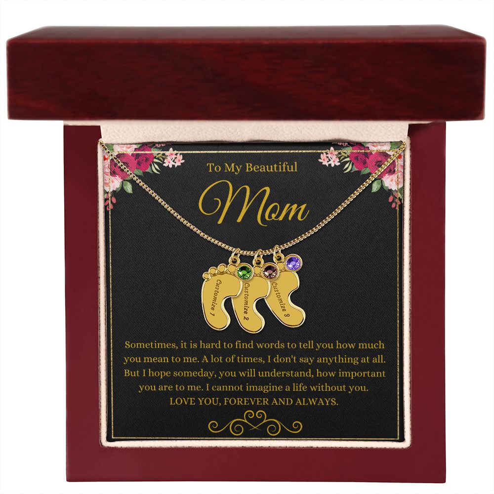 To My Beautiful Mom | Love You Forever & Always | Custom Baby Feet Necklace with Birthstone